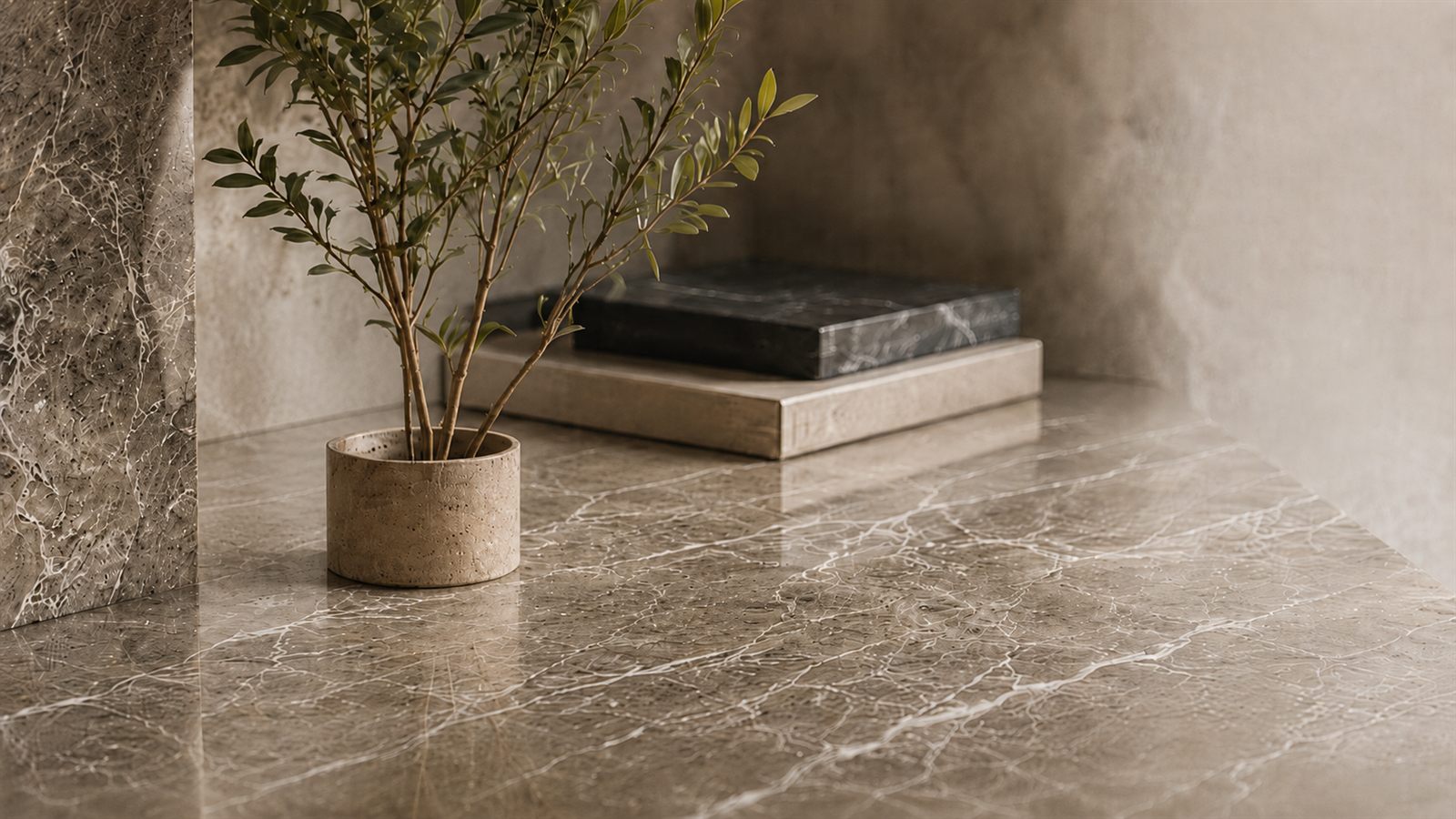 Marble stone surface styled with tile samples and a potted plant