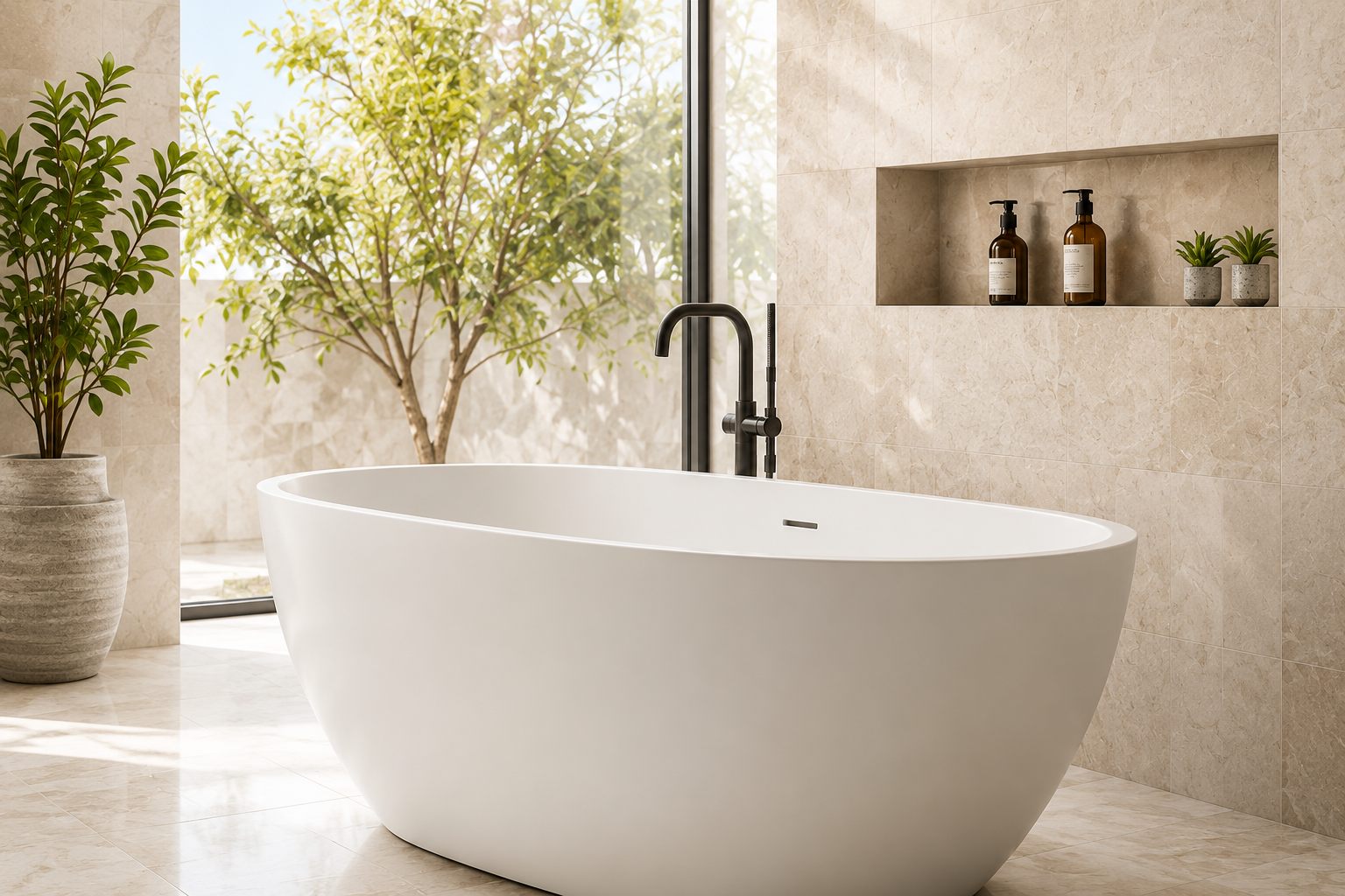 Freestanding bathtub set against premium beige porcelain tile walls