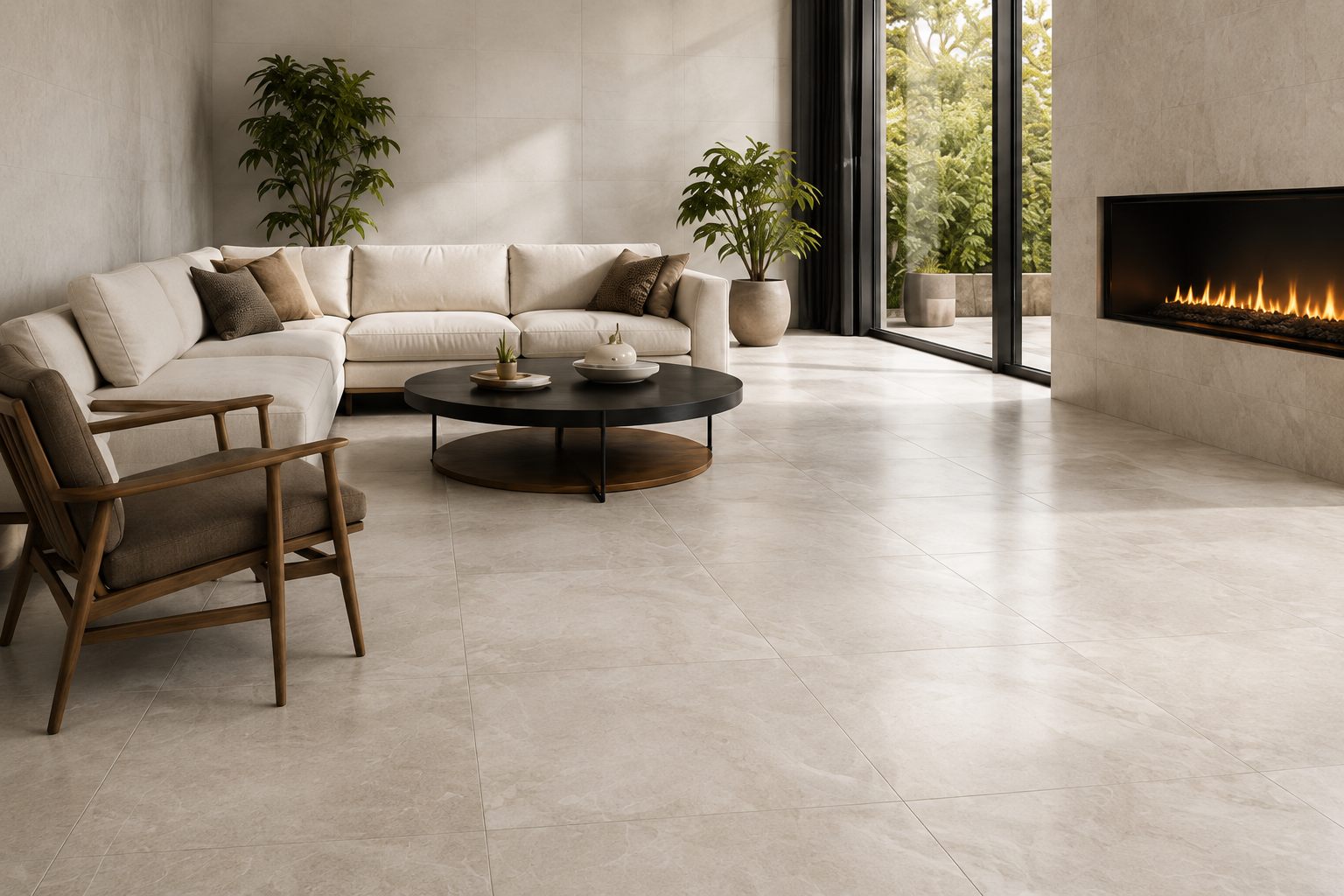 Modern living room with large-format tile floor and gas fireplace