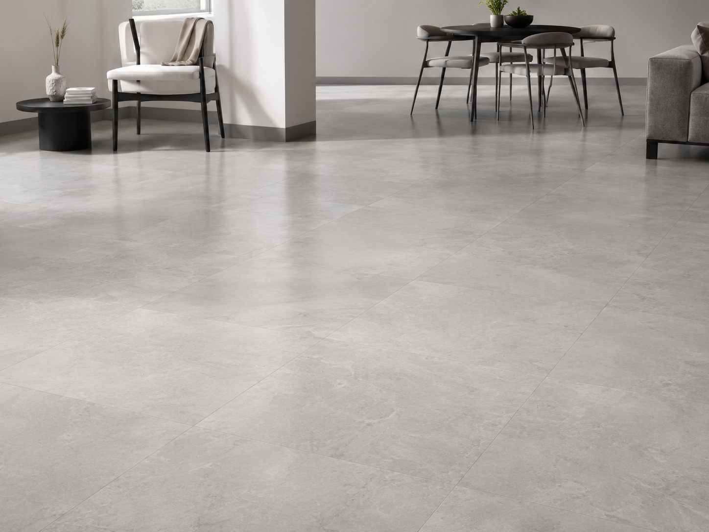 Concrete look tile in an open living space