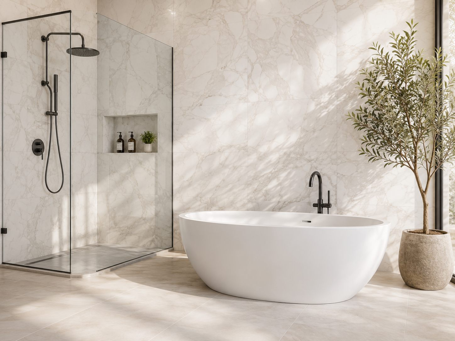 Marble look tile in a glass-enclosed shower