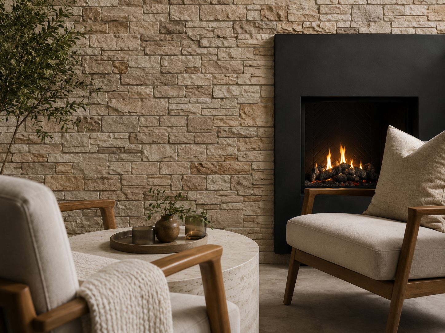 Stone look tile fireplace wall